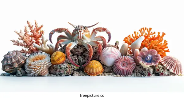 A variety of seashells, corals, and a crab displayed together