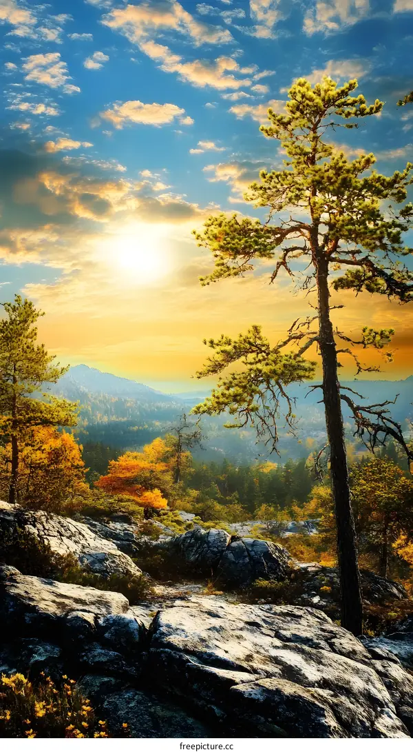 Autumn Landscape with Pine Tree and Rocky Terrain