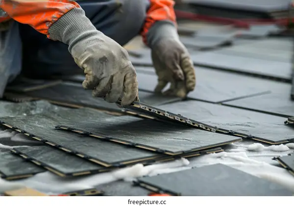 construction worker installing interlocking tiles