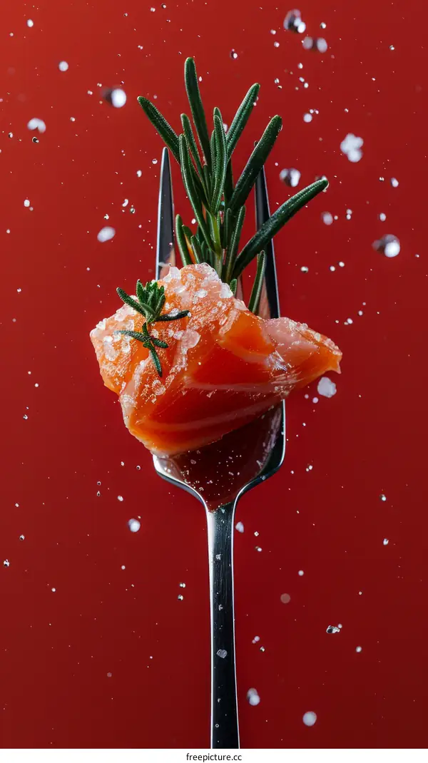 Grilled salmon with rosemary over a red background