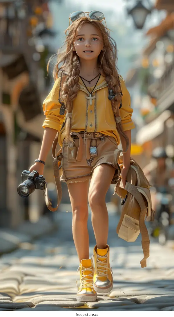 A young girl with a camera walking down a busy street