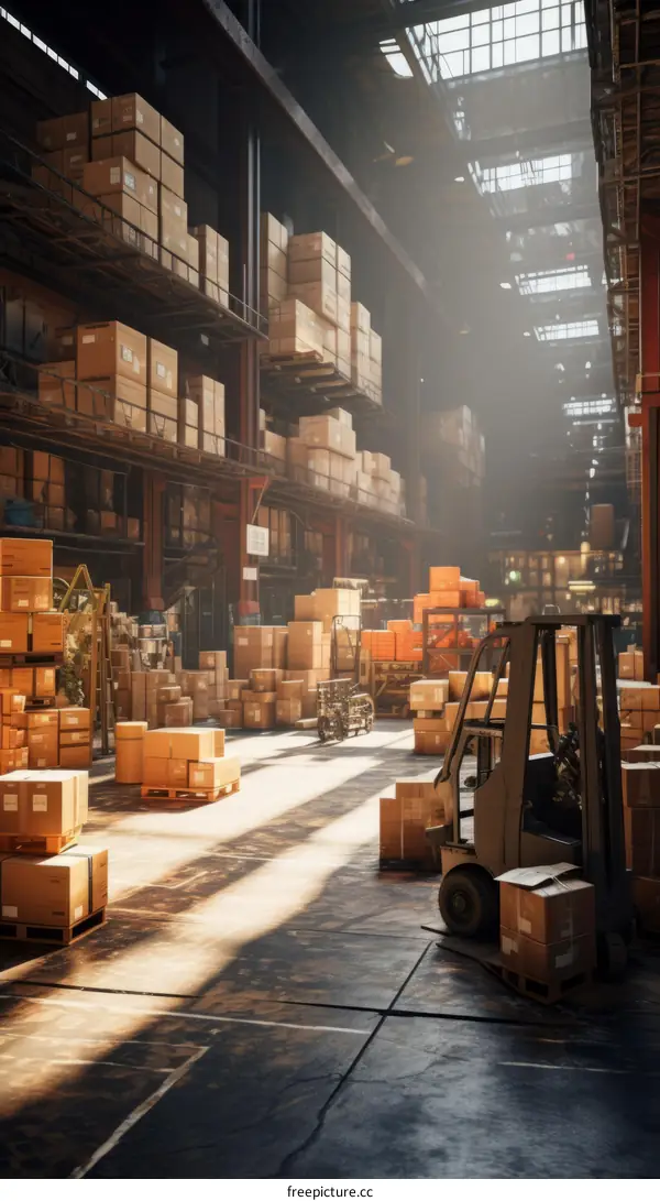 A forklift in a warehouse full of boxes