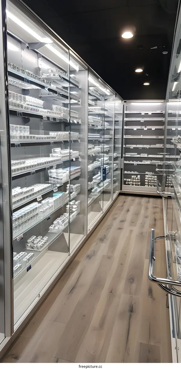 Glass Display Cabinets With Products In A Store