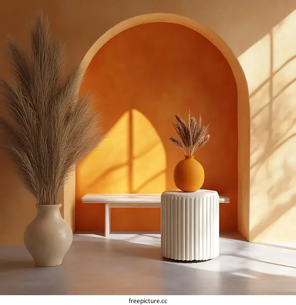 Minimalist Interior Design with Archway and Dried Flowers