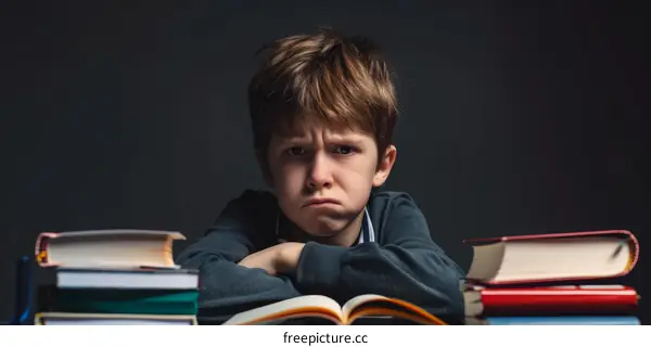 Upset caucasian school boy surrounded by books