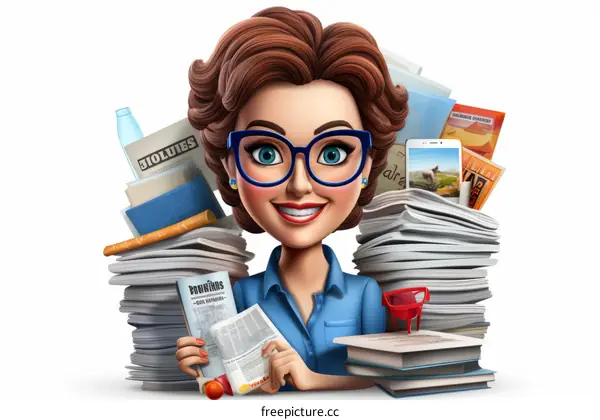 Cheerful businesswoman holding a newspaper in front of a large stack of documents