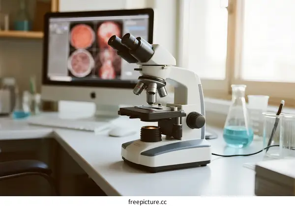 Microscope and Digital Screen in Laboratory for Medical Research