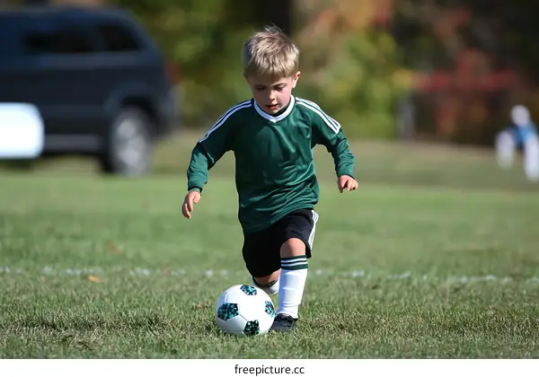 Young Boy Dribbling Soccer Ball on Grass Field