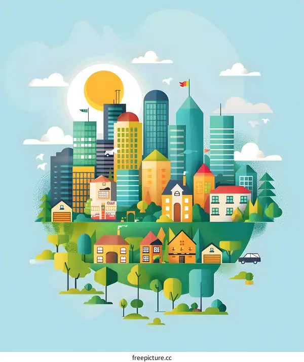 Modern Cityscape Illustration With Buildings and Houses