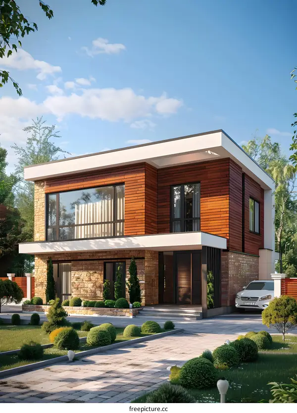 Modern House Design with Stone and Wood Exterior