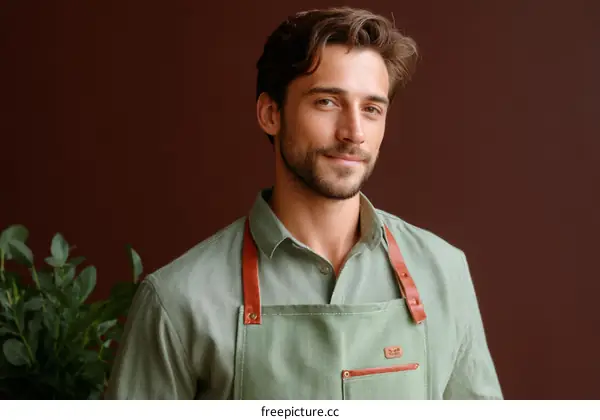 Friendly Male Staff in a Light Green Apron