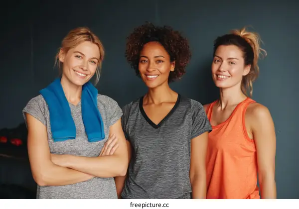 Three women in sportswear standing together with towels around necks