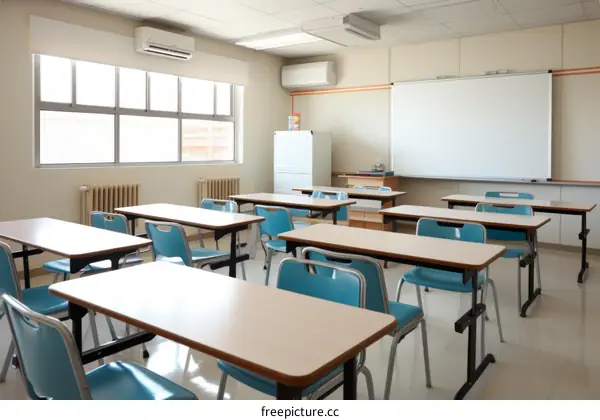 An empty classroom with chairs and desks arranged in rows. There is a whiteboard and a projector screen at the front of the room.