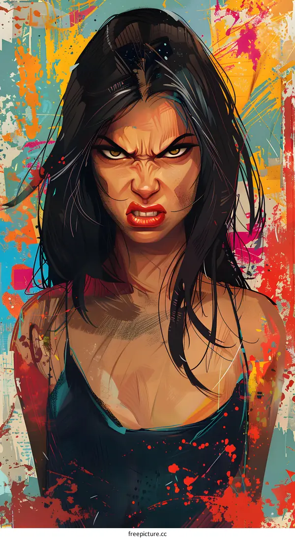 Illustration of a woman with long black hair, red lips, and an angry expression on her face