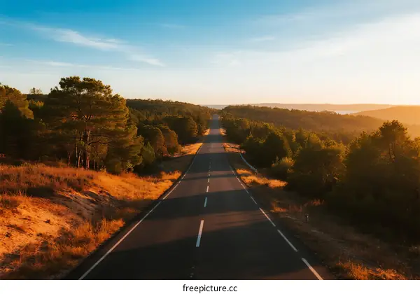 A scenic road surrounded by lush trees under a clear sky