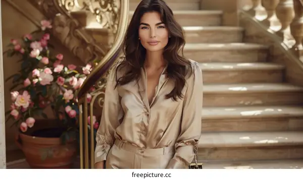 Elegant woman in a golden silk pantsuit standing on a marble staircase