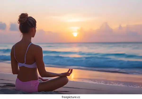 Woman Meditating On Beach At Sunset