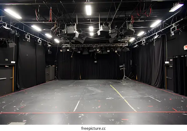 Empty Black Box Theater Stage with Lighting Equipment