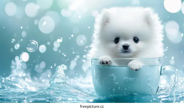 Adorable Puppy in a Cup with Water Splash
