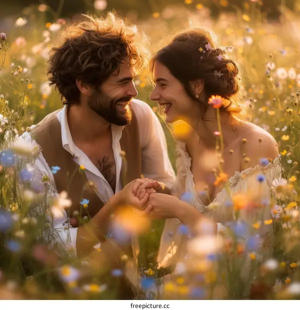 A couple is sitting in a field of flowers.