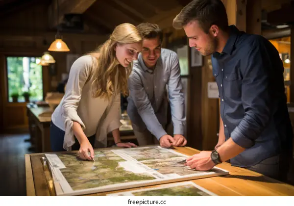 Three people are looking at a map together