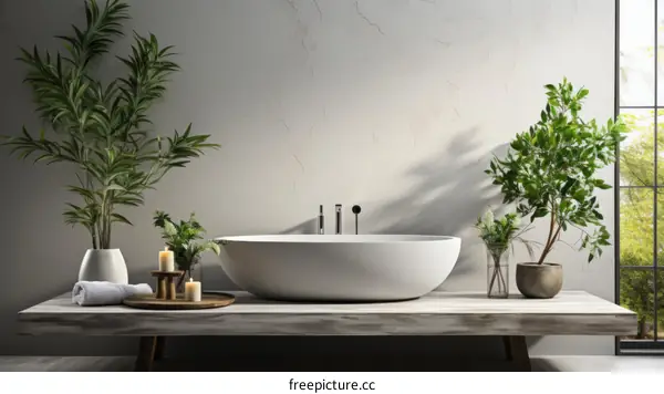 Luxurious Bathroom with Large Bathtub, Plants and Wooden Table