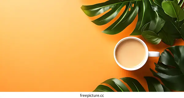 Coffee Cup with Tropical Leaves on Orange Background