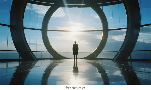 A Person Standing in Front of Large Circular Glass Windows Under Blue Sky