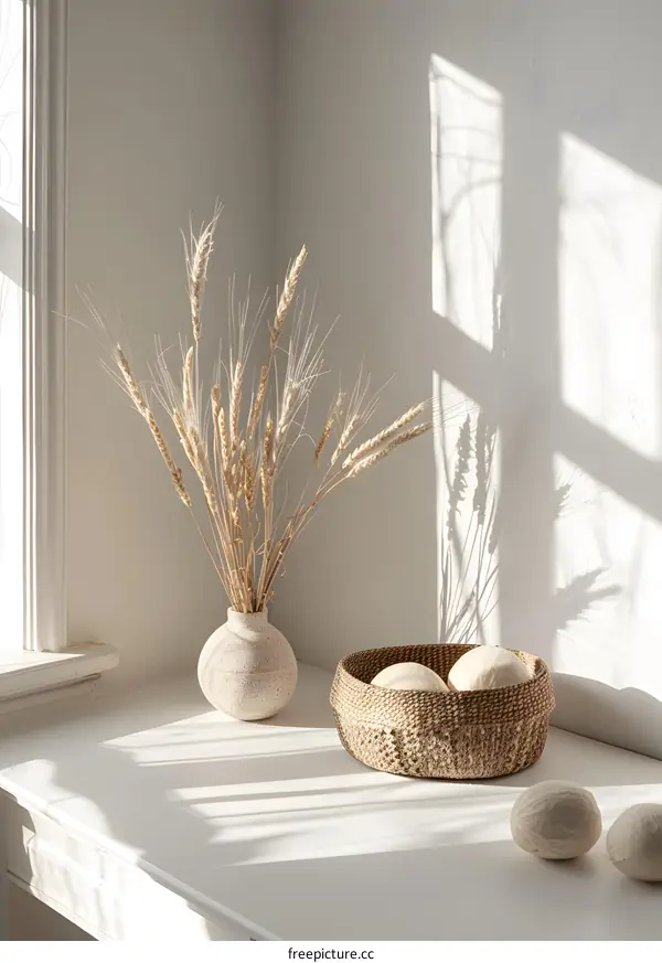 Minimalist Home Decor with Wheat and a Basket