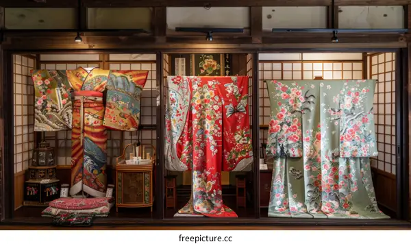 Three colorful kimono with floral patterns displayed in a traditional Japanese room