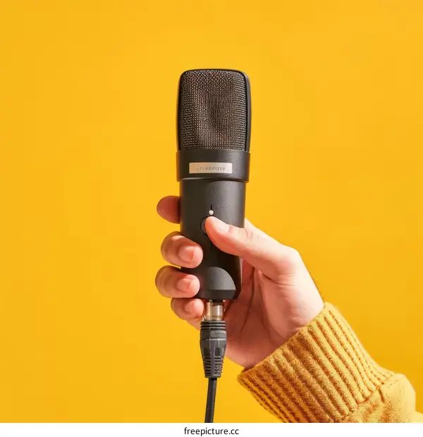 A person holding a black microphone in front of a yellow background