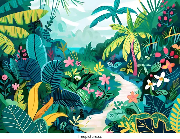 Tropical Jungle Illustration with Path and Palm Trees