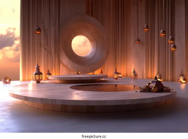 Wooden Stage Design with Hanging Lamps and Sunset View