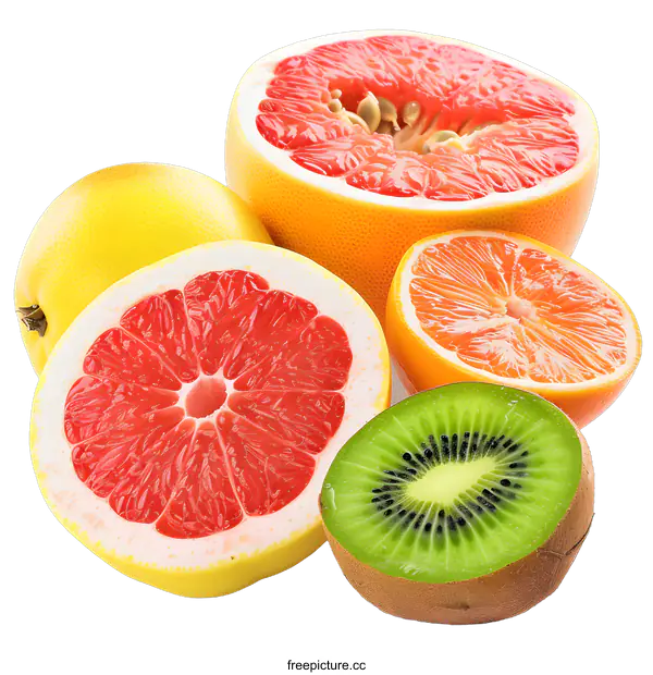 [Transparent Background PNG]Fresh Sliced Fruits: Grapefruit, Lemon, Kiwi, and Orange