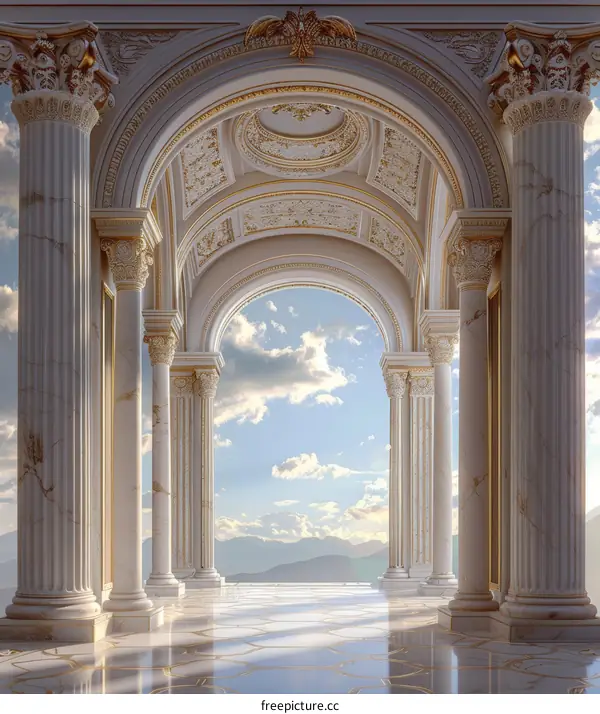 Ornate Hallway with Marble Columns and Azure Sky