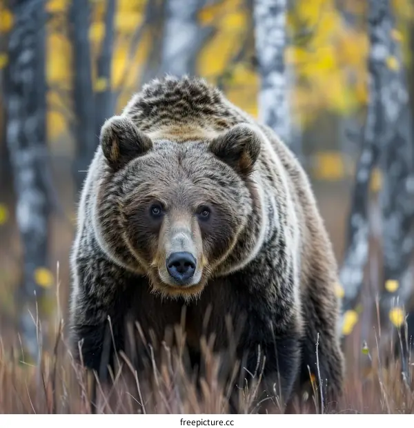 Close-up portrait of a large male grizzly bear in the fall