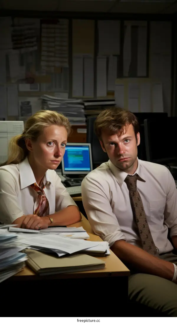 Two office workers sitting at a desk looking at the camera