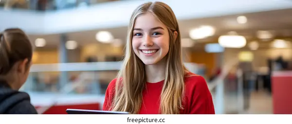 Smiling Young Woman Using Tablet in Modern Office Building