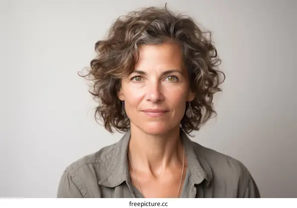 portrait of a middle aged woman with curly hair