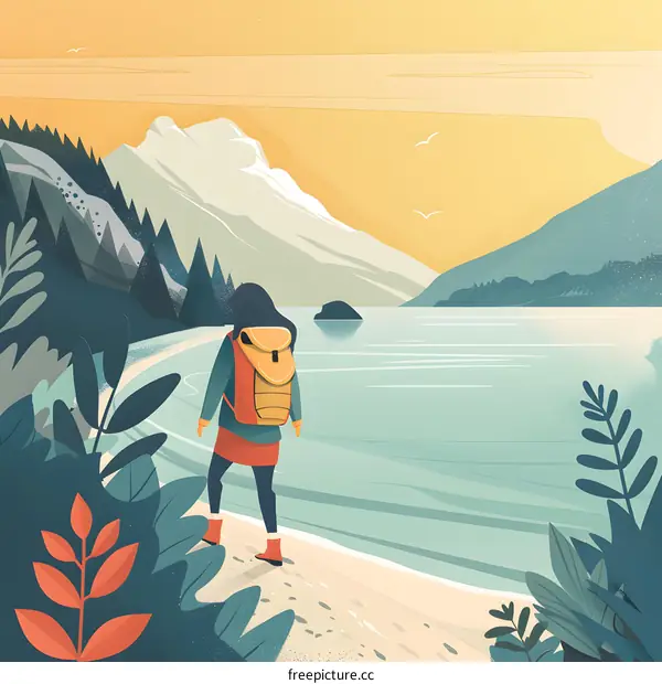 Woman Hiking In Mountains With Lake View