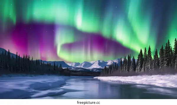 Aurora borealis over a frozen river in Alaska