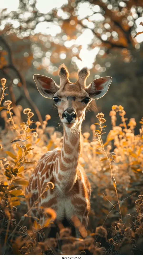 Baby Giraffe in a Field of Yellow Flowers