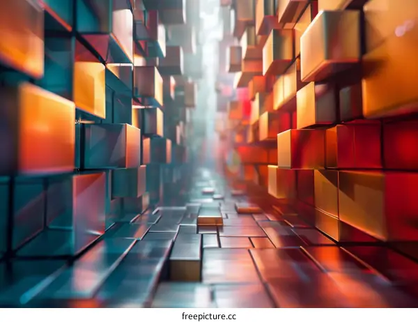 Futuristic 3D rendering of a colorful tunnel made of blocks