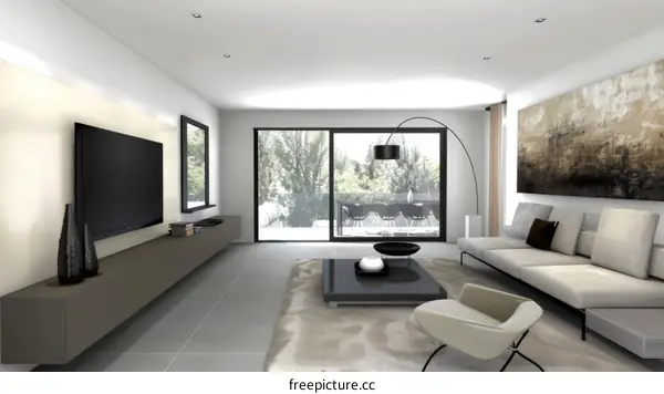 Bright living room with large windows and white walls