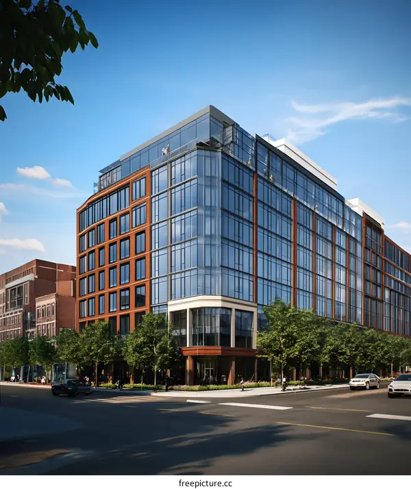 Modern Brick Building with Glass Facade and Roof Terrace