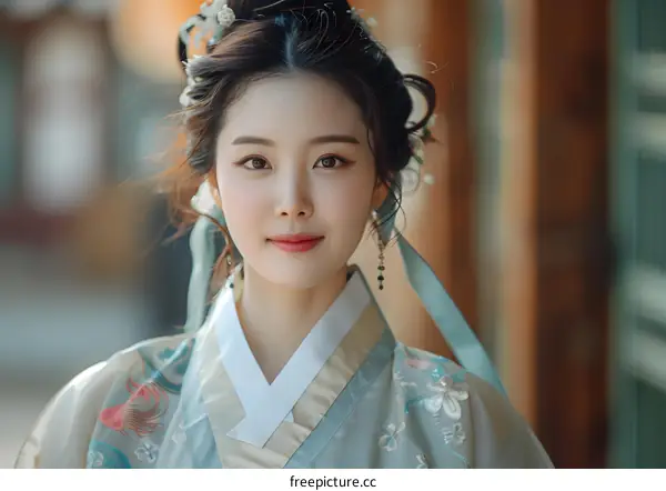 Portrait of a beautiful young woman in traditional Korean dress, or Hanbok