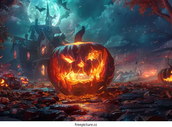 Spooky Halloween Pumpkin Carved with Full Moon and Bats in the Night Forest