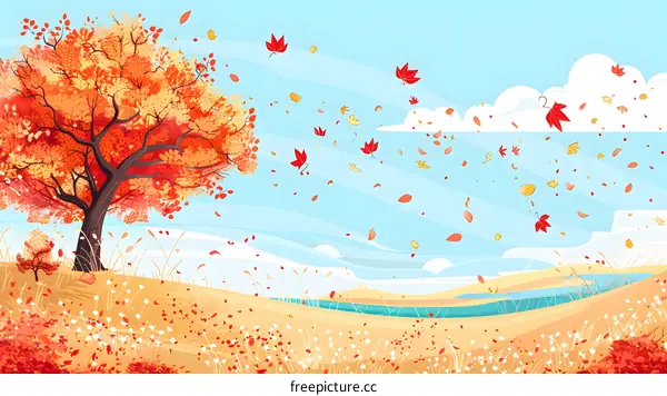 Autumn Landscape with Red and Yellow Leaves Falling