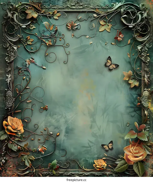 Vintage Floral Frame With Butterfly And Rose