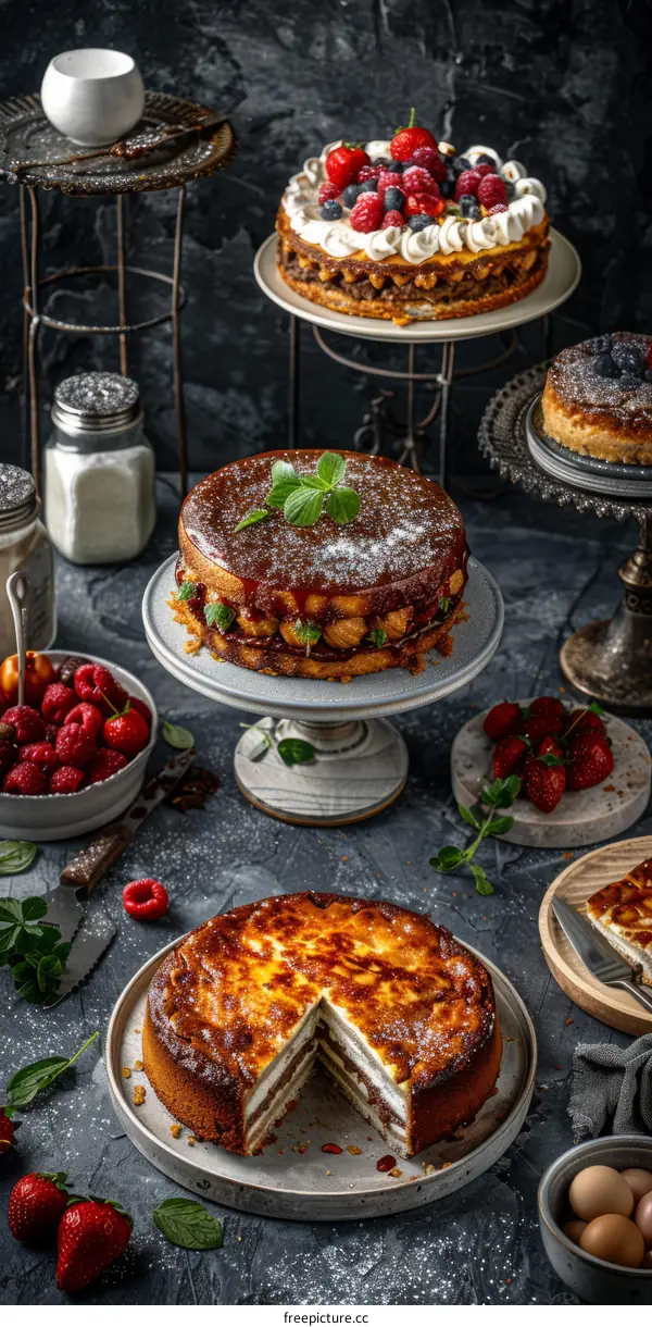An assortment of cakes and pastries on a table